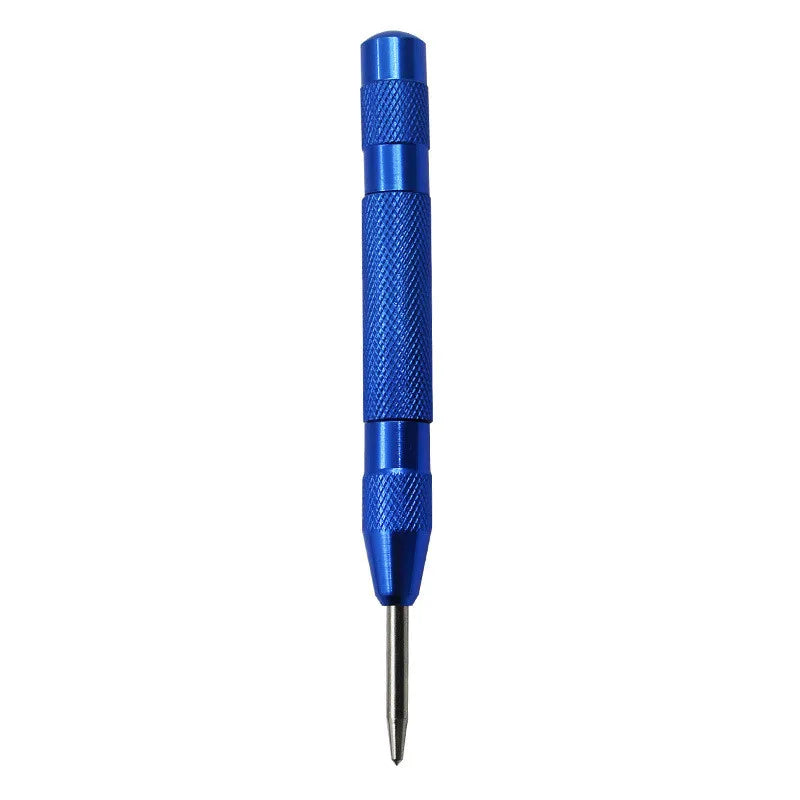 A close-up view of a blue spring-loaded automatic center punch tool.