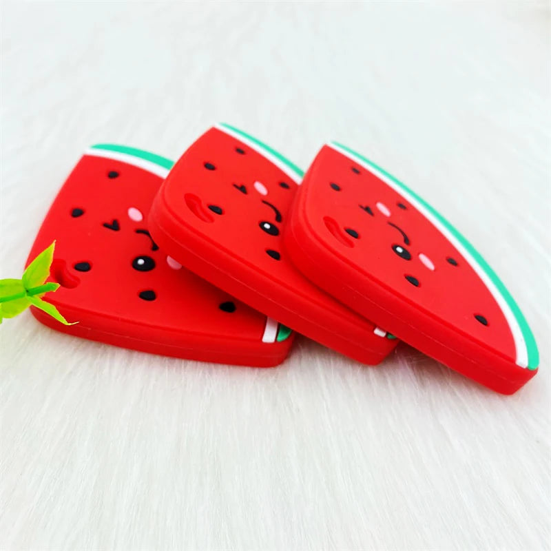 Red watermelon silicone teether pendant for babies with green trim