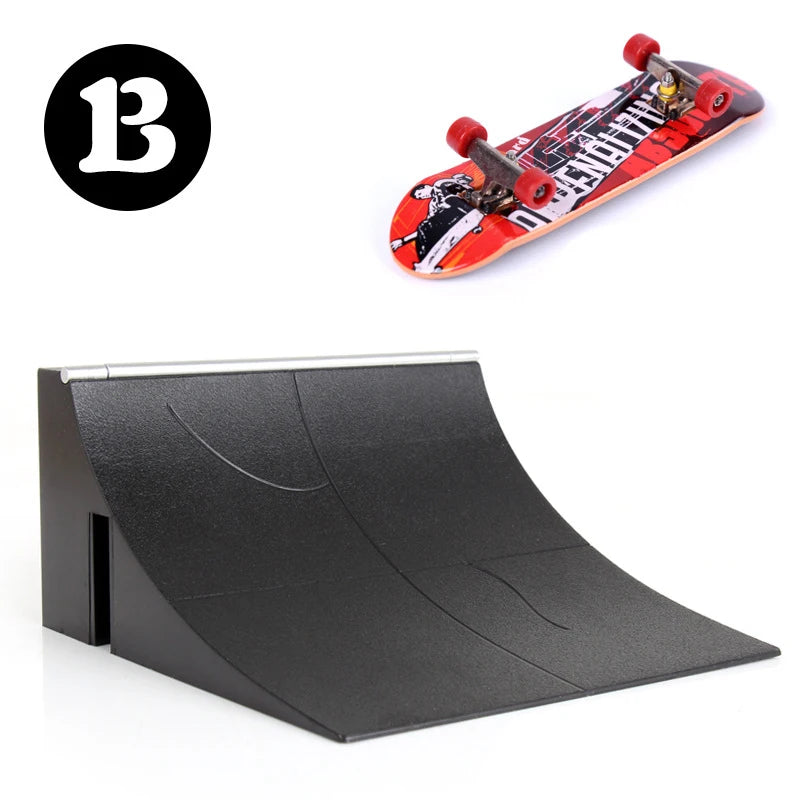 A finger skateboard set featuring a board and a park ramp, with the letter B logo visible.