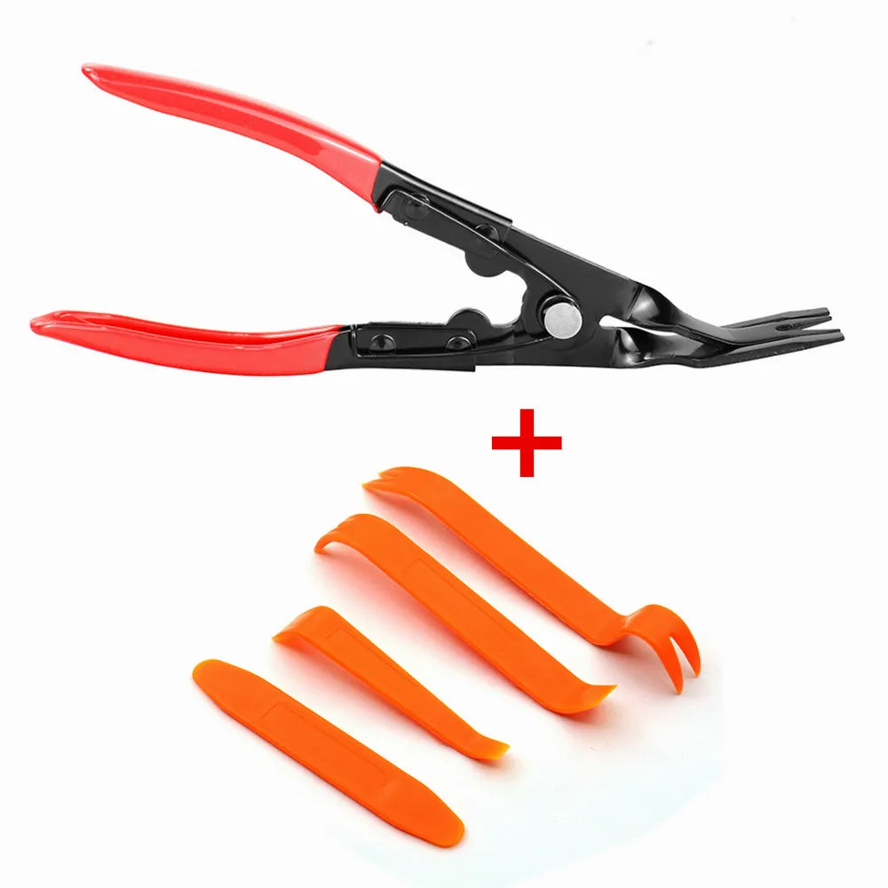 A pair of red and black trim clip removal pliers with an orange tool shown next to them.