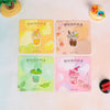 A collection of five food-themed embroidered iron-on patches featuring drinks like iced tea, coffee, and fruit.