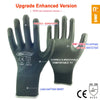 A pair of dark gray PU-coated work gloves shown with certification marks and text indicating perfect sensitivity and durabili