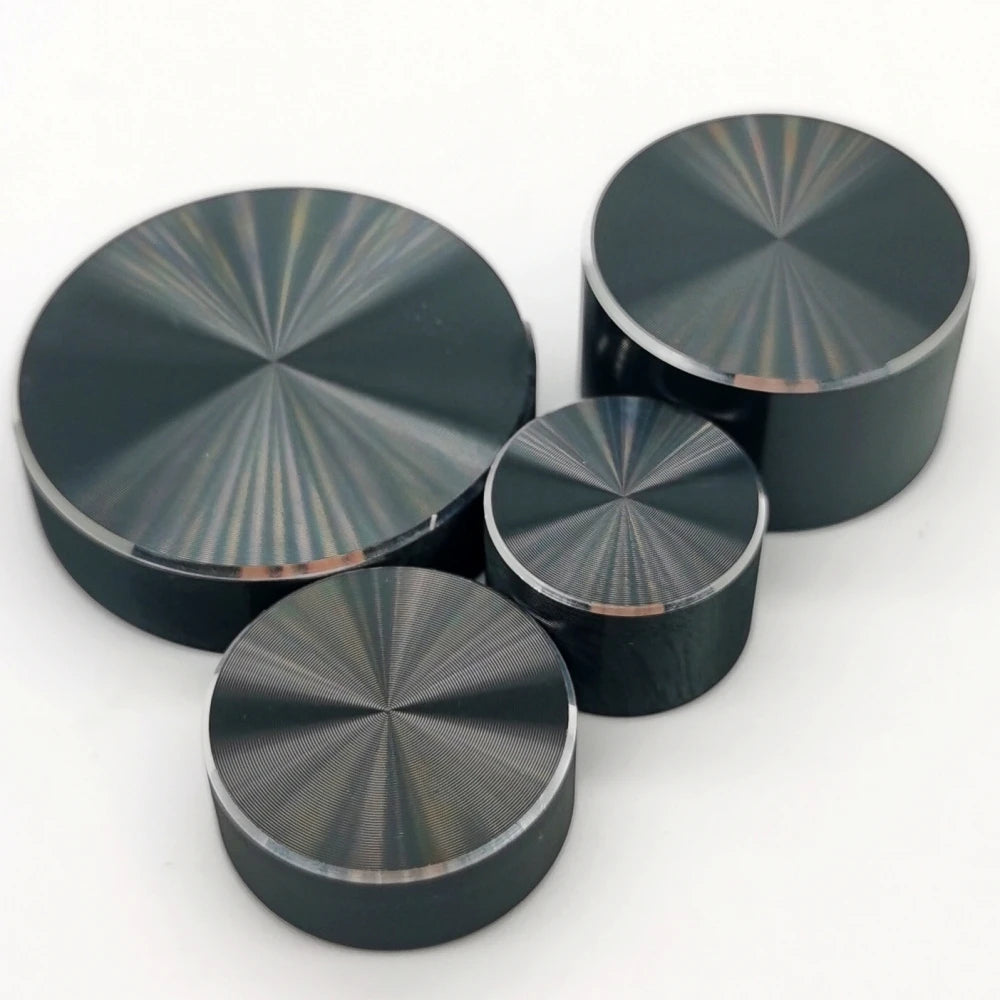 Three black aluminum knurled knobs for 6mm shaft potentiometers and encoders.