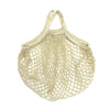 A pair of beige organic cotton mesh produce bags with handles, made of loosely woven natural fibers.