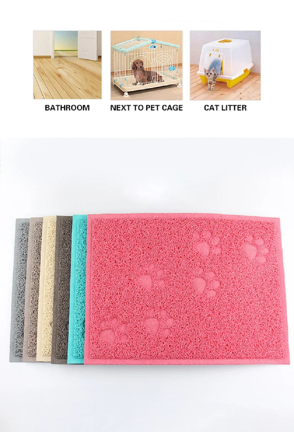 A stack of multi-colored, textured cat litter mats with paw print designs shown alongside a bathroom, pet cage, and cat litte