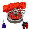 Heavy-duty neodymium salvage magnet with a 15m orange rope and protective gloves.