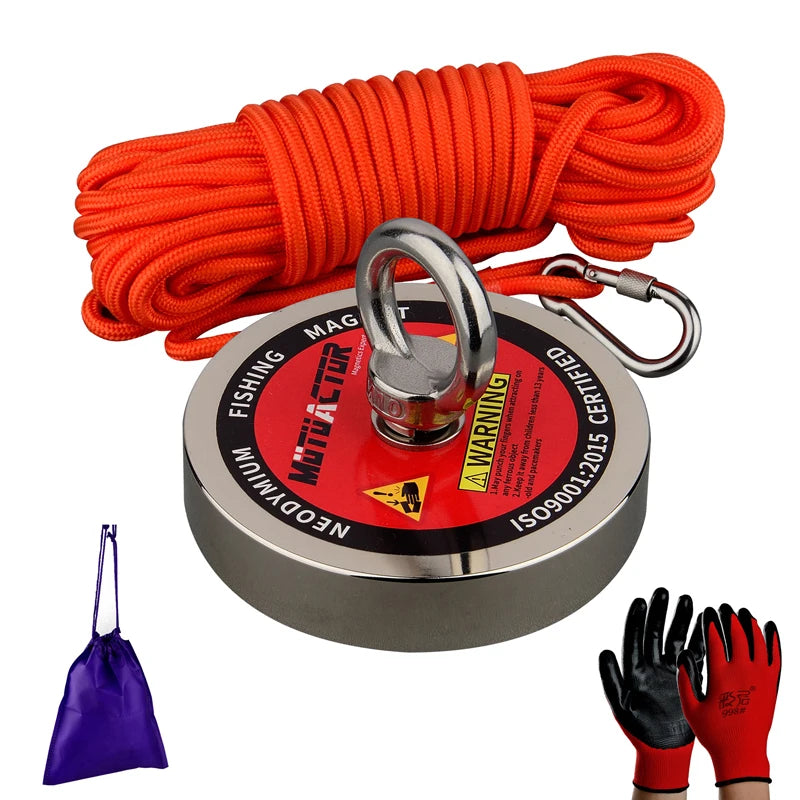 Heavy-duty neodymium salvage magnet with a 15m orange rope and protective gloves.
