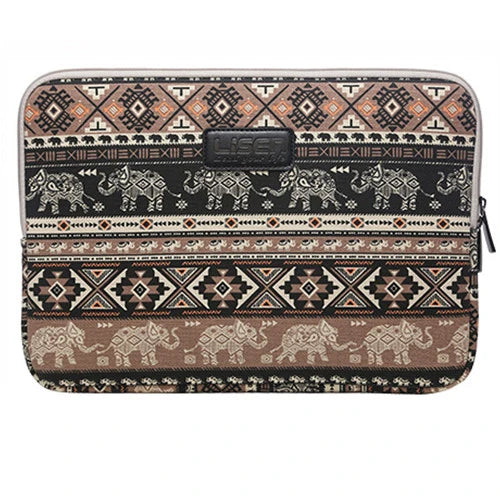 A patterned canvas laptop sleeve featuring elephants and geometric designs.