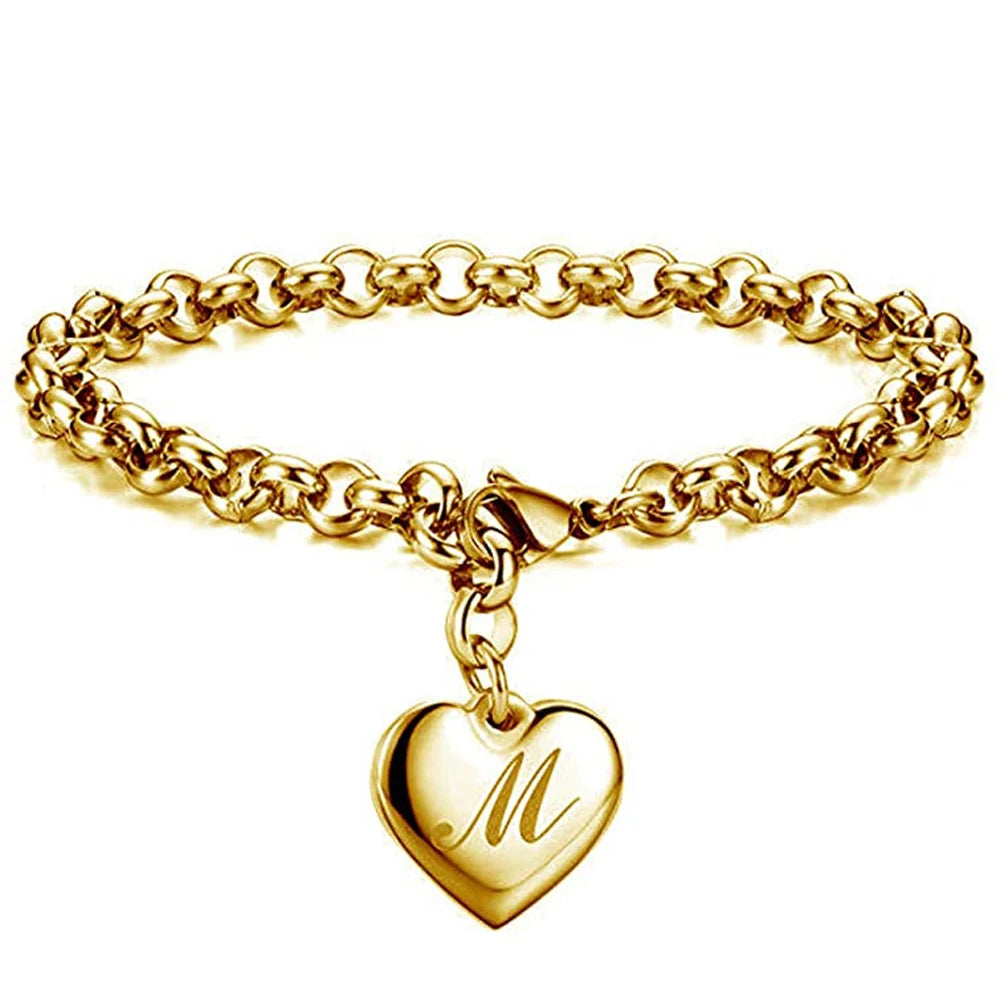 Gold Heart Alphabet Charm Bracelet