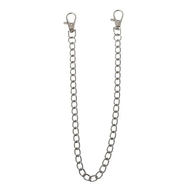 A long chrome steel punk chain belt accessory with a keyring.