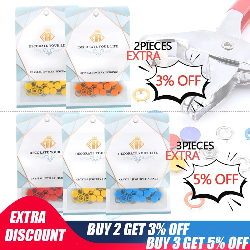 Metal snap fastener kit with pliers tool showing various decorative findings and discount offers