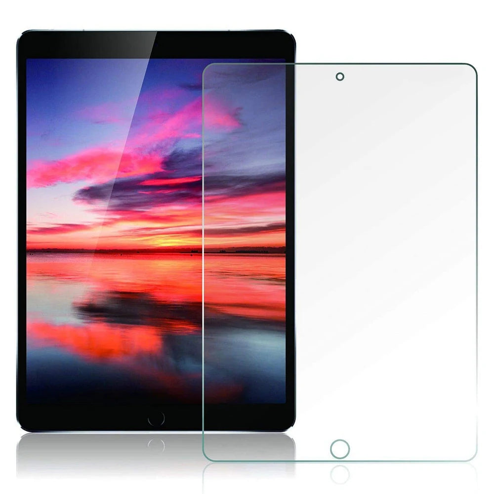 A black tablet with a vibrant sunset background and a clear tempered glass screen protector placed next to it.