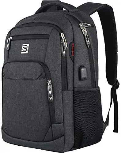 Schwarzer schlanker Laptop-Rucksack mit mehreren Fächern und USB-Ladeanschluss.