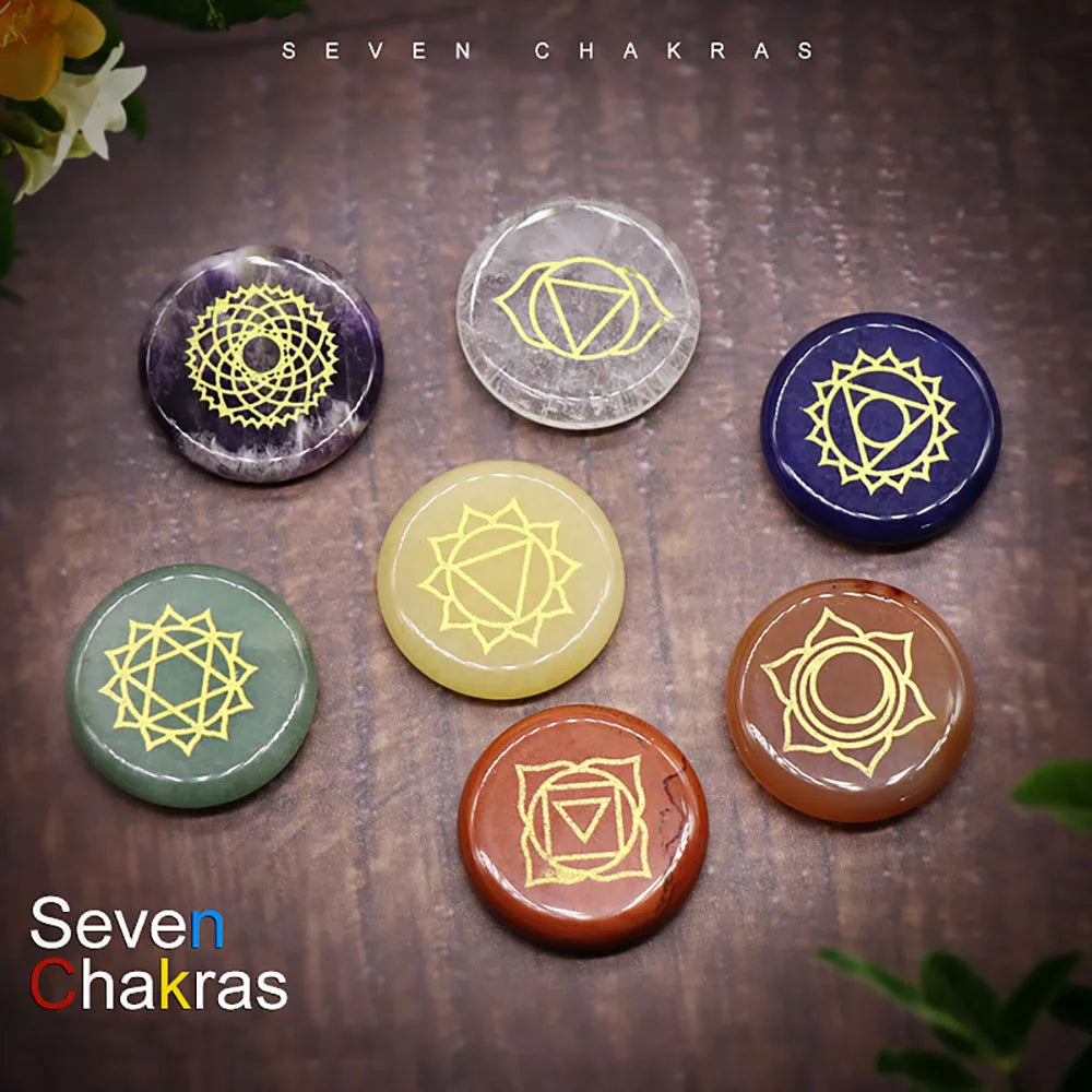 7 Chakra Healing Crystal Stones Set with Engraved Symbols