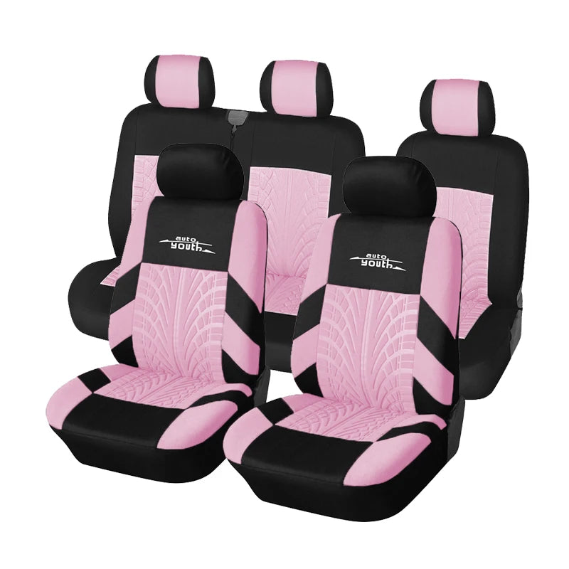Set of four pink and black universal car seat covers for two-row vehicles