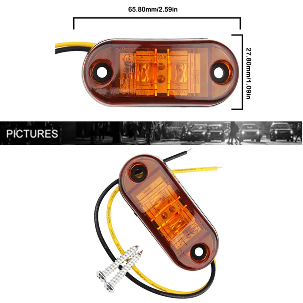 A single universal LED side marker and clearance light assembly with a clear orange lens and wiring.