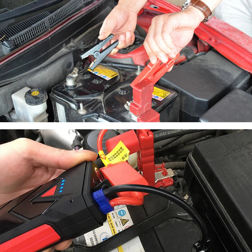 Hands are using jump starter clamps to connect a battery, showing the red and black components.