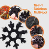 An 18-in-1 stainless steel multi-tool featuring a snowflake design and a key ring.