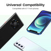 A universal phone holder device shown next to various smartphones, demonstrating compatibility with 4.7-7 inch phones.