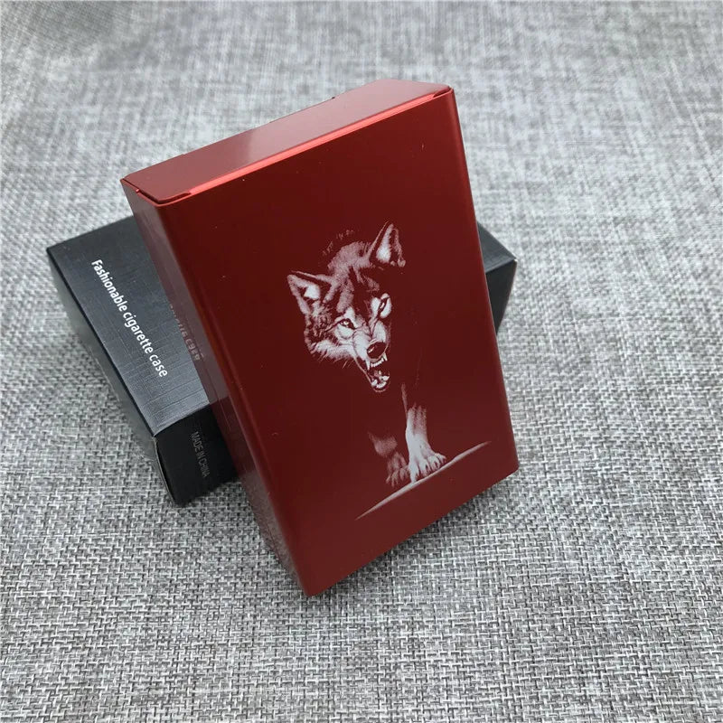 Ultra-Slim Aluminum Cigarette Case with Laser-Engraved Wolf Design
