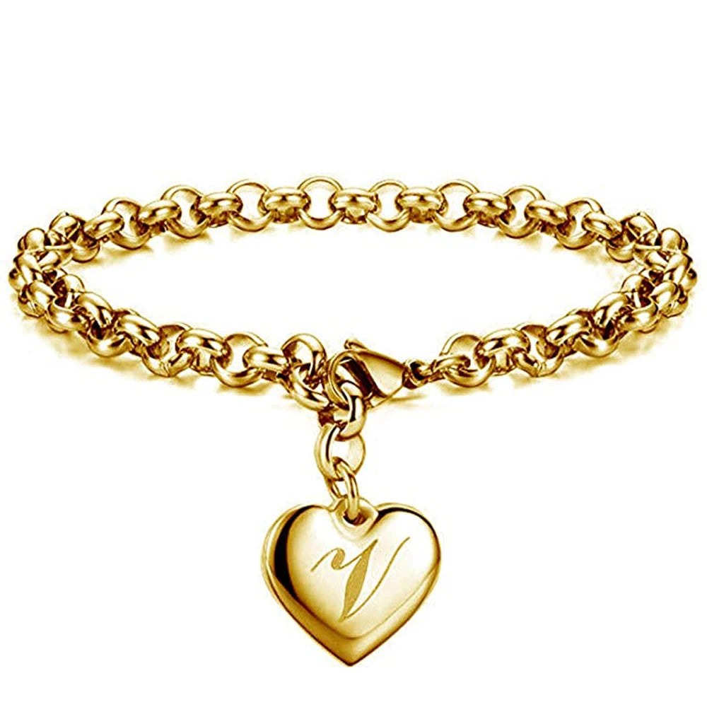Gold Heart Alphabet Charm Bracelet