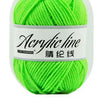 A ball of bright lime green acrylic yarn labeled Acrylic line with the Chinese translation and the number 27.