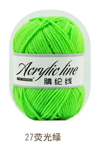 A ball of bright lime green acrylic yarn labeled Acrylic line with the Chinese translation and the number 27.
