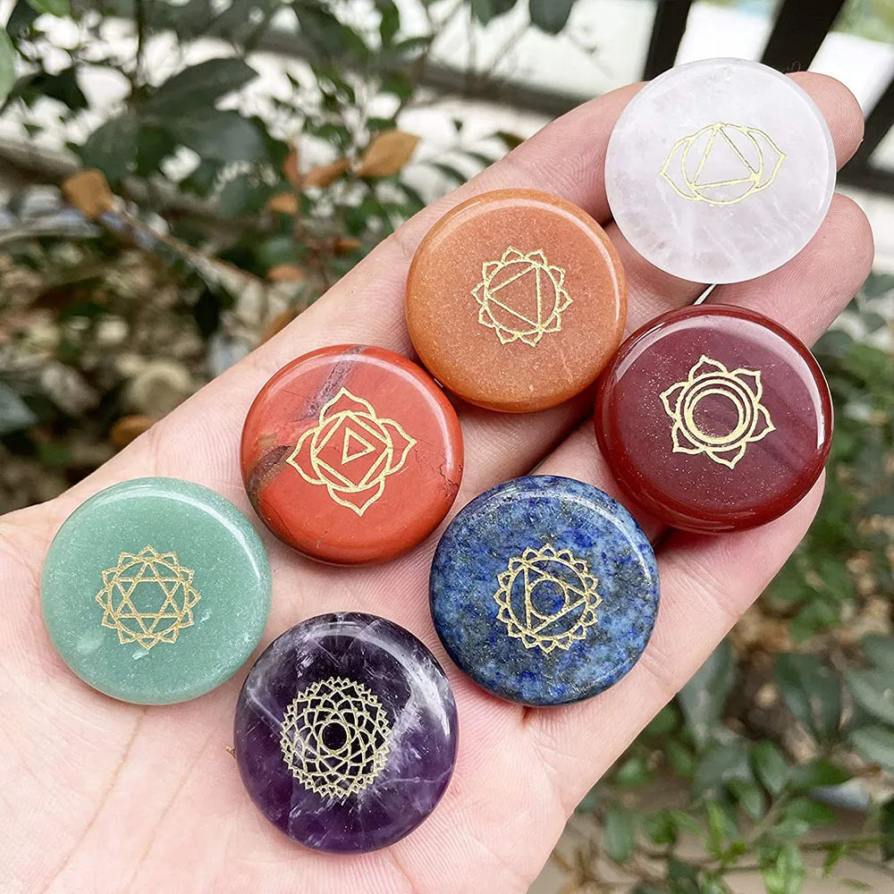 7 Chakra Healing Crystal Stones Set with Engraved Symbols