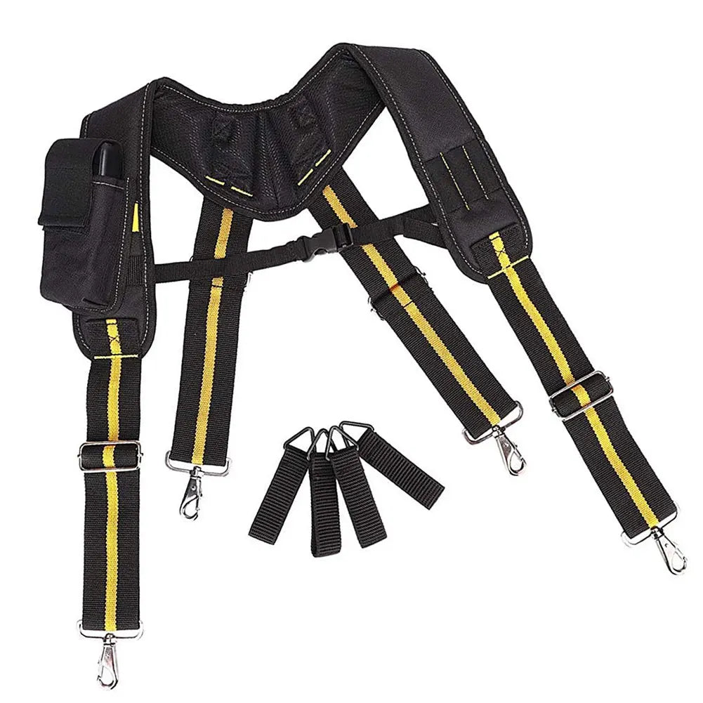 Black adjustable tool belt and suspenders with yellow accents and lumbar support straps
