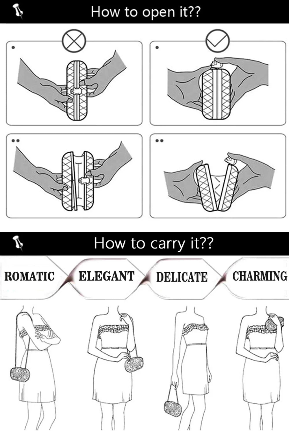 Instructions showing how to open, carry, and use a sequin beaded chain shoulder clutch bag.