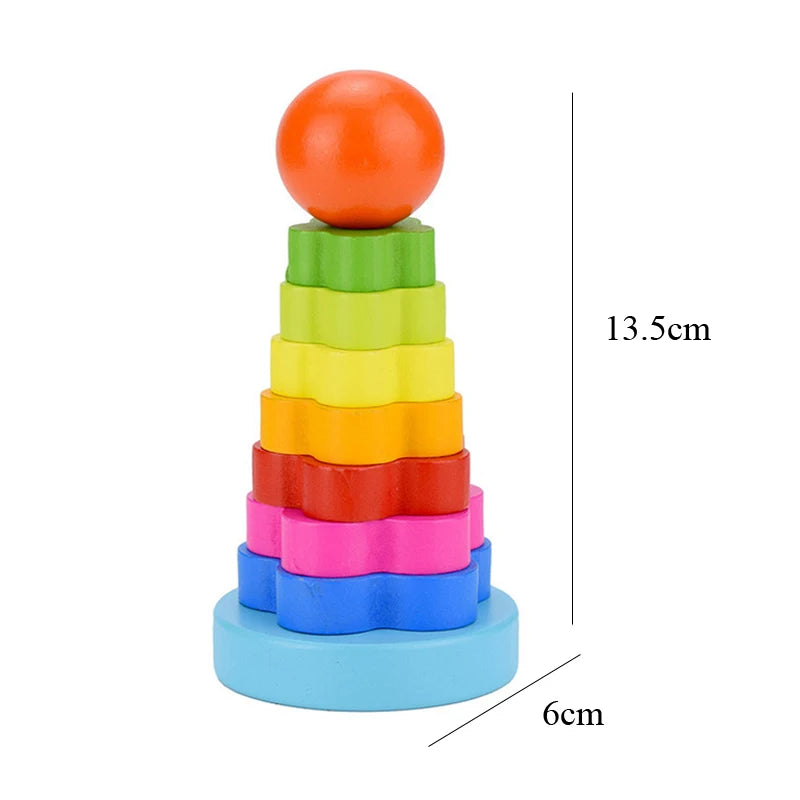 A stack of colorful wooden rings forming a tower puzzle for toddlers, with an orange top and blue base.