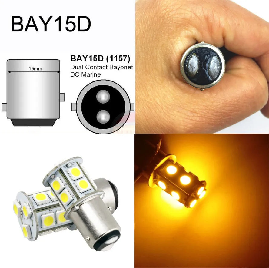 A close-up view of a BAY15D dual contact bayonet LED bulb and an SMD LED bulb.