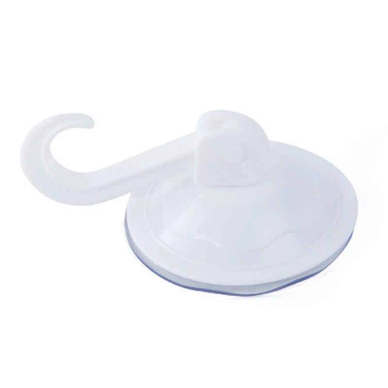A white heavy-duty suction cup hook with a curved handle and flat base.