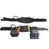Black adjustable tool belt and suspenders with lumbar support featuring multiple pouches.