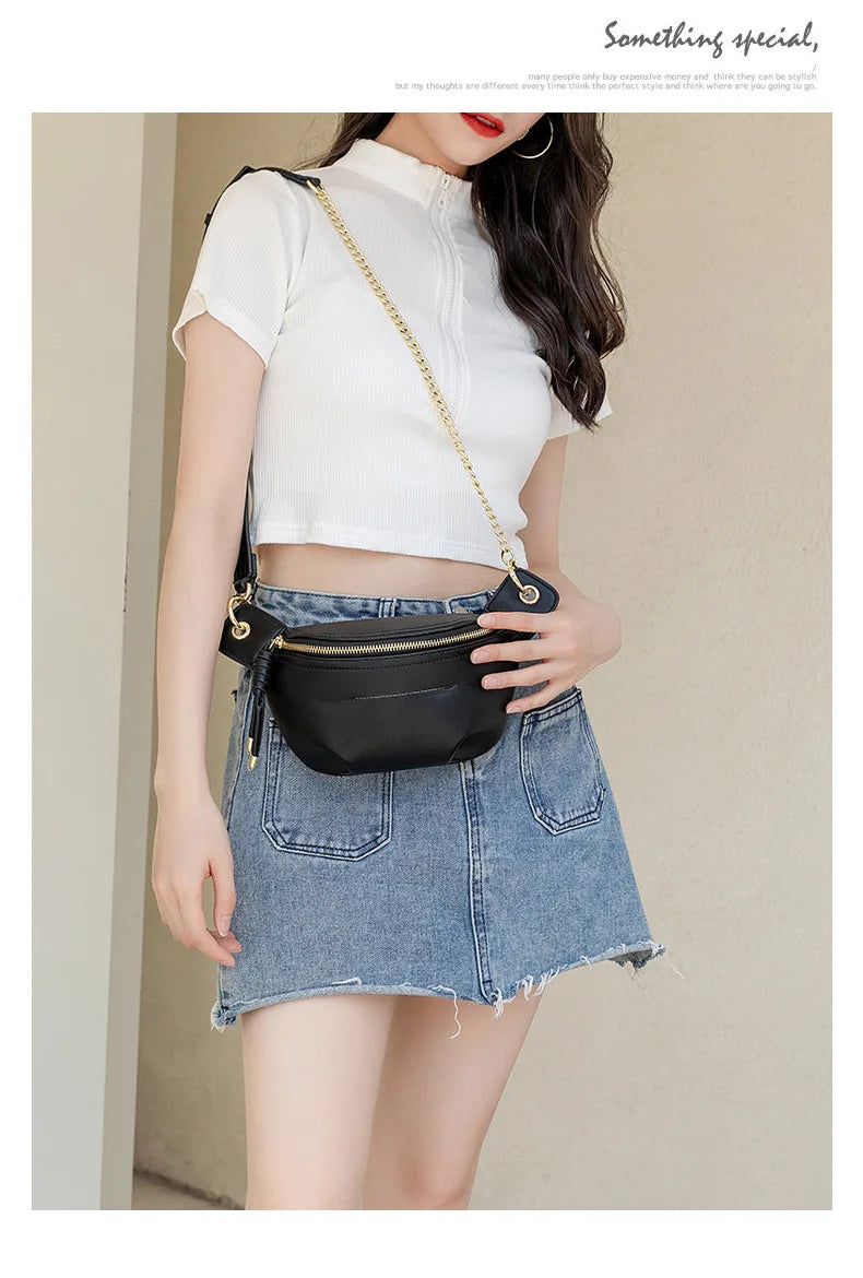 PU Leather Waist Pack with Chain Strap – Hands-Free Crossbody Belt Bag for Women