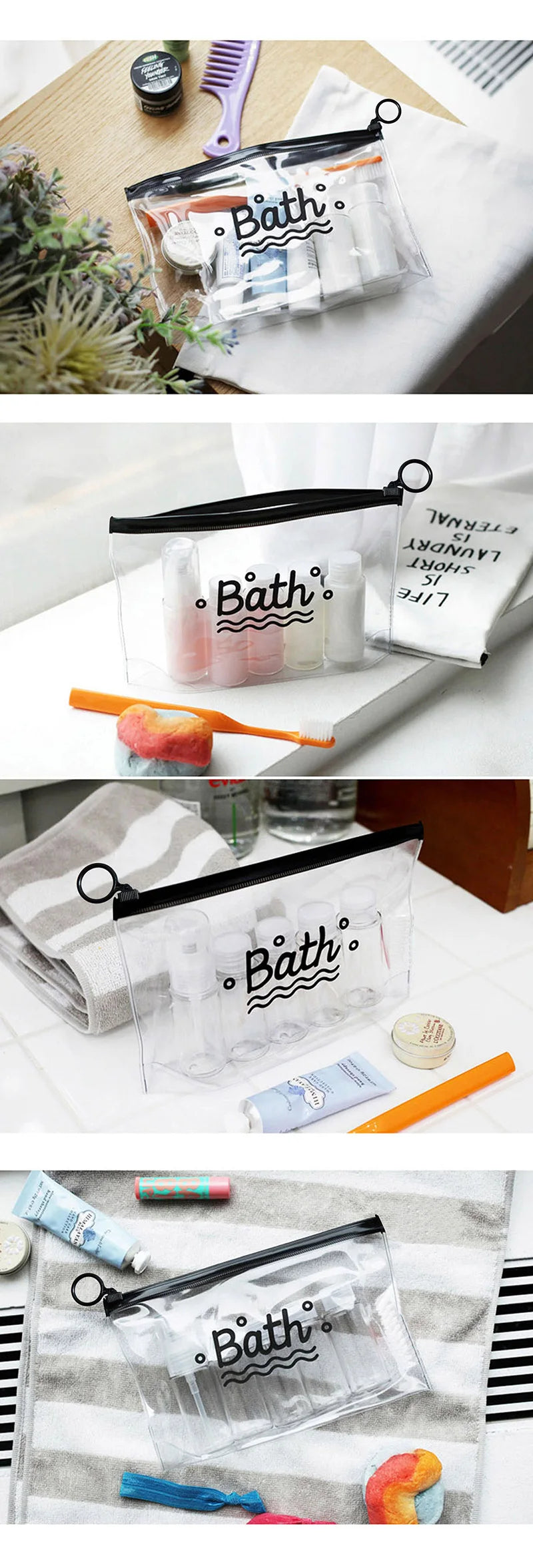 A clear transparent toiletry bag with a hanging hook filled with various bath products like lotions and soaps.