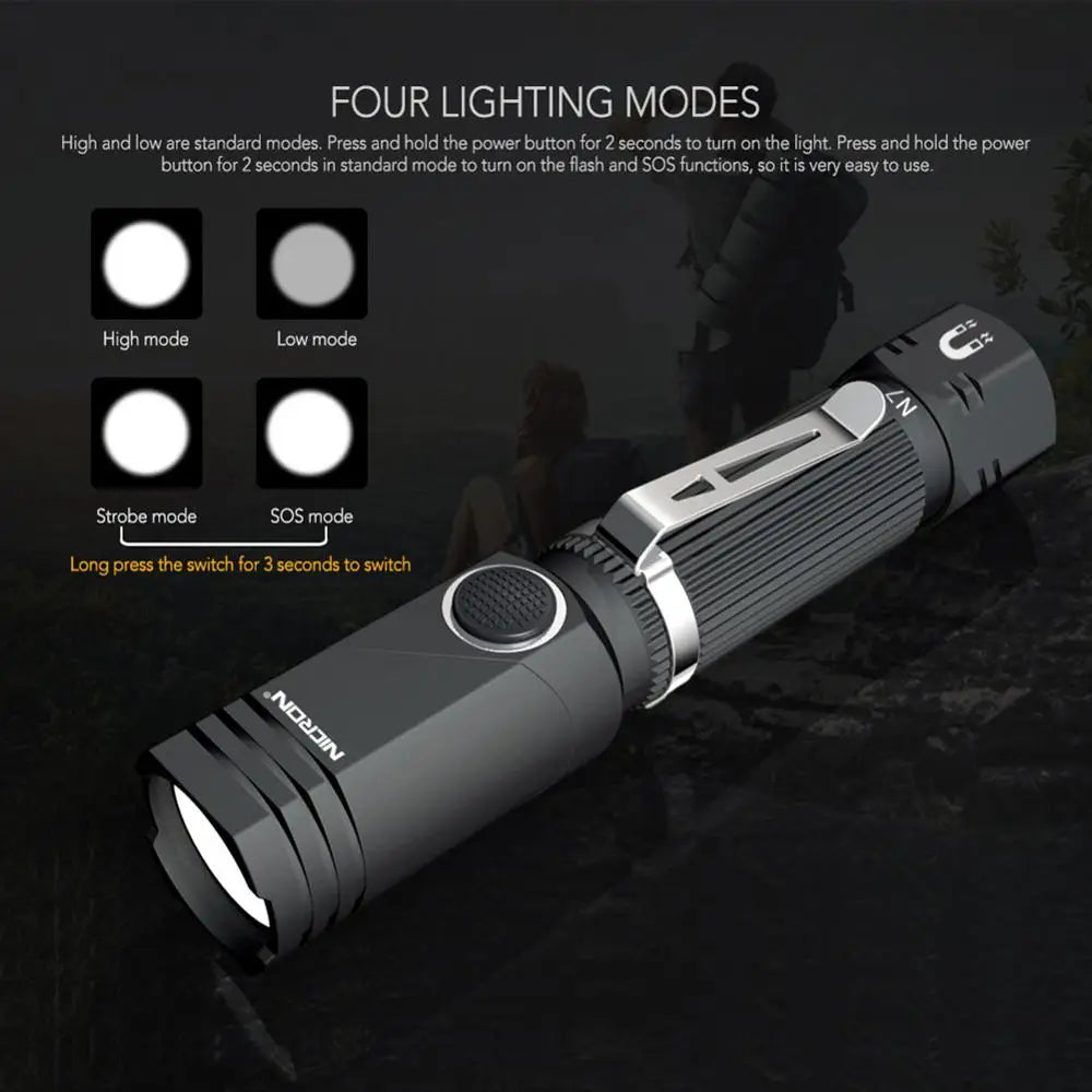 A black LED flashlight is shown with four lighting modes and a rotating head, highlighting strobe and SOS functions.