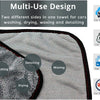 A gray microfiber towel showing multiple uses for car washing, drying, waxing, and detailing.