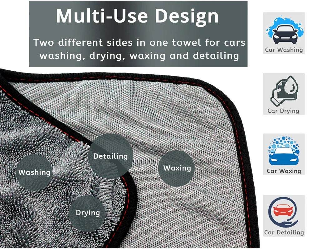 A gray microfiber towel showing multiple uses for car washing, drying, waxing, and detailing.