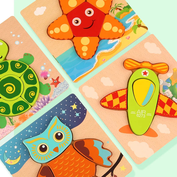 A wooden puzzle set featuring three 3D animal figures, including a red fox, a green turtle, and an owl, set against a light b