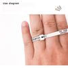 A hand is shown using an adjustable ring and bracelet sizer measuring tool to measure a finger.