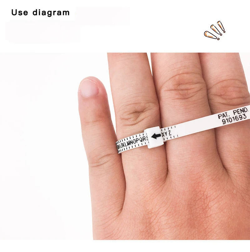 A hand is shown using an adjustable ring and bracelet sizer measuring tool to measure a finger.