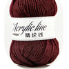 A ball of deep maroon acrylic line yarn labeled as 22-gauge in a white band.