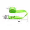 A roll of bright lime green heavy-duty tie-down straps with metal buckles, showing dimensions.