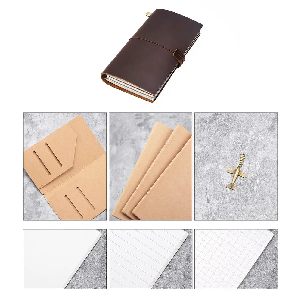 A brown leather refillable journal with a cover and several pages shown in different formats.