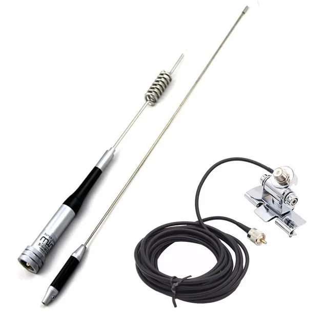 A dual band VHF/UHF mobile antenna with a flexible wire and mounting clip.