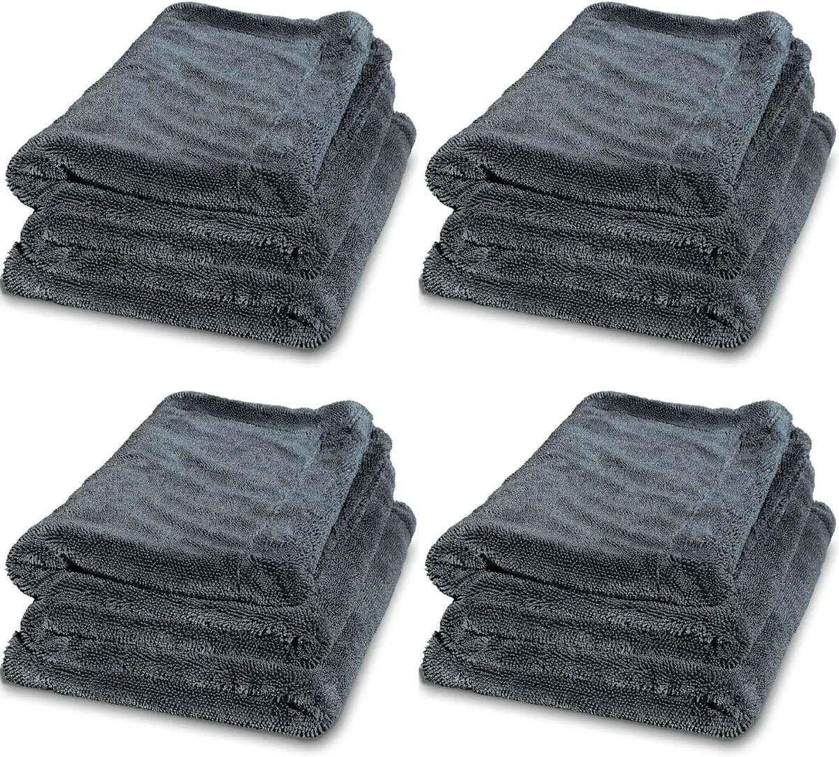 A stack of dark gray microfiber car drying towels.