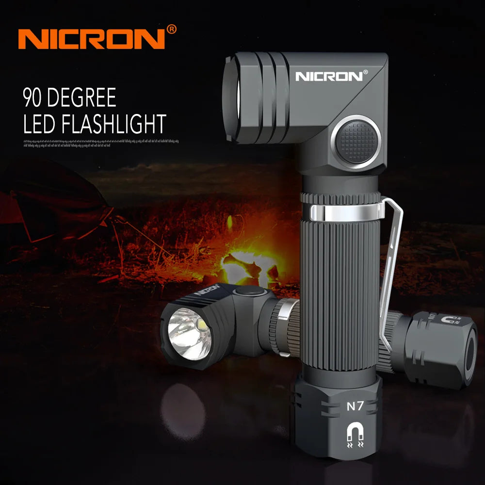 A black Nichron 90 degree LED flashlight with a magnetic mount and dual fuel capability shown against a dark background.