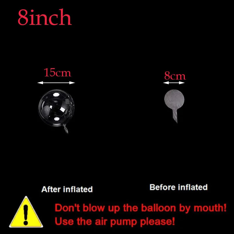 A set of clear PVC balloons showing dimensions 8 inch and 15cm, with an inflated balloon and a deflated balloon.