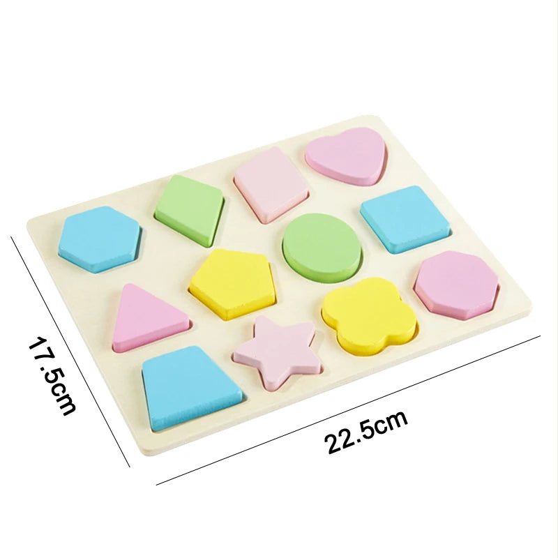 A wooden puzzle set featuring various colored, three-dimensional shapes for toddlers and young children.